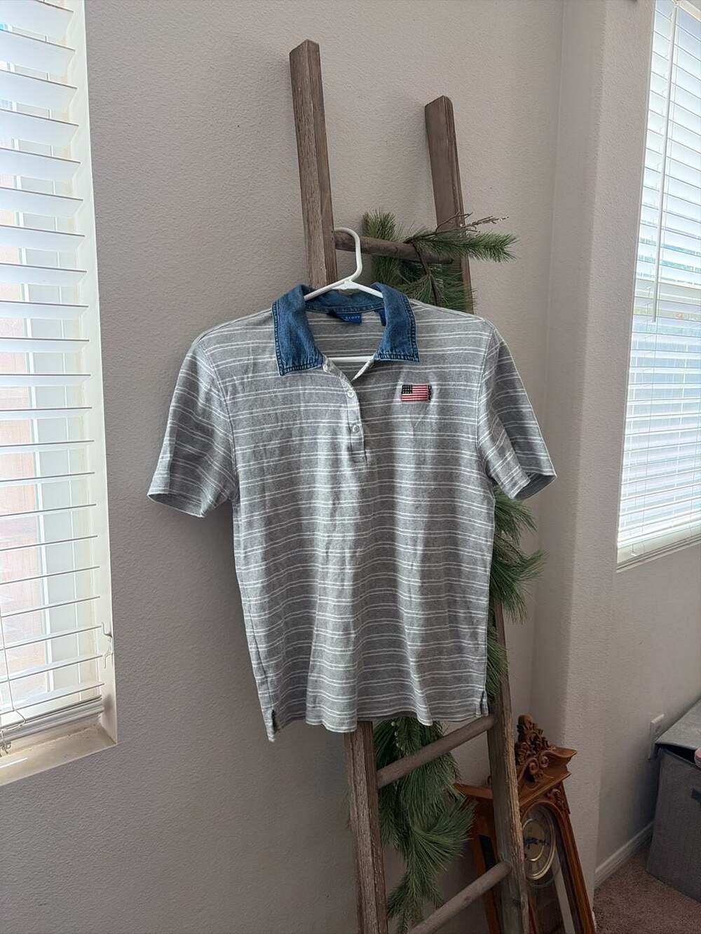 Karen Scott Sport Vintage Striped Polo Shirt with Denim Collar and US Flag Patch